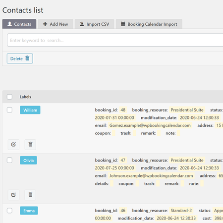 Contacts Listing - list and search for all your contacts on this page.